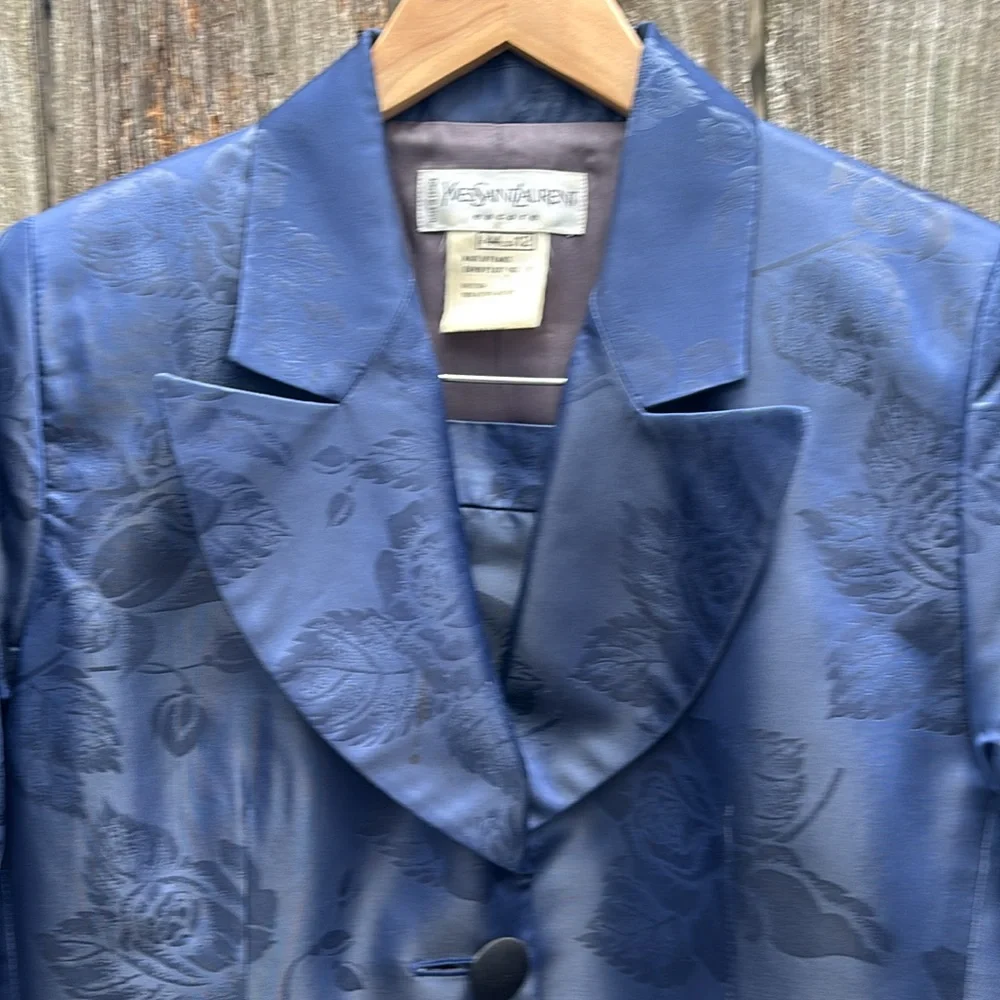 DESIGNER Vintage Yves Saint Laurent Suit Jacket Skirt Blue Brocade Women’s 12 - Picture 2 of 10